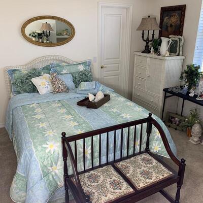 Queen mattress/boxspring set pictured with vintage wicker headboard.
