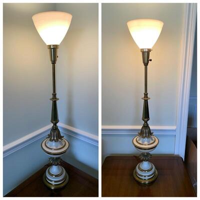 Pair of Stiffel table lamps, white and gold, with milk glass diffusers