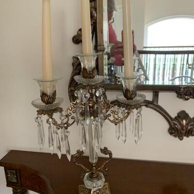 mahogany hall table, console table, ornate gold mirror, candelabra