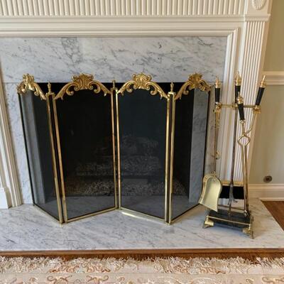 Brass fireplace tools and screen