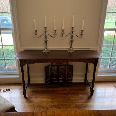 Pair of 3 armed silver candelabra
mahogany console table, hall table
