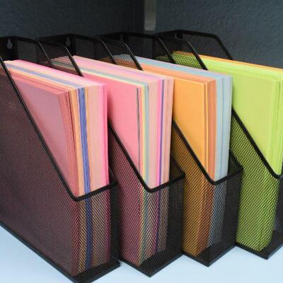 4 Metal Magazine Holders Filled with Colored Paper