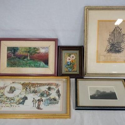 1171	LOT OF FIVE FRAMED PRINTS/PAINTIINGS. INCLUDING A SMALL FLORAL STILL LIFE OIL ON BOARD SIGNED C. RODRIGUEZ. AS FOUND. LARGEST...