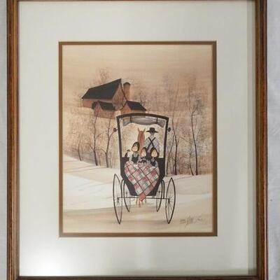1052	SIGNED P. BUCKLEY MOSS LIMITED EDITION FRAMED PRINT OF A FAMILY IN A HORSE DRAWN CARRIAGE. NO. 849/1000 DATED 1990. 16 3/4 IN X 19...