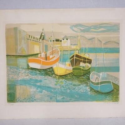 1136	SIGNED GEORGES LAMBERT LIMITED EDITION PRINT OF SAIL BOATS. NO 150/150 PENCIL SIGNED LOWER RIGHT. 29 3/4 IN X 21 1/2 IN. 
