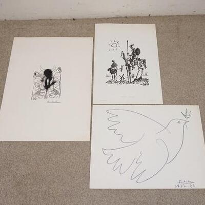 1144	LOT OF 3 PABLO PICASSO ART POSTERS. LOT INCLUDES *DON QUICHOTE* COPYRIGHT DATED 1964 PRINTED IN DENMARK. LARGEST IS 29 3/4 IN X 22...