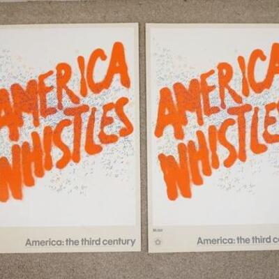 1086	LOT OF TWO AMERICA: THE THIRD CENTURY *AMERICA WHISTLES* BICENTENNIAL POSTERS SPONSORED BY MOBIL OIL. 24 IN X 35 IN. 
