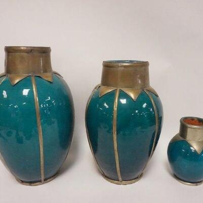 1054	GROUP OF THREE REDWARE POTTERY VASES WITH AQUA BLAZE AND DECORATIVE METAL TRIM APPLIED, LARGEST IS 15 1/4 IN TALL
