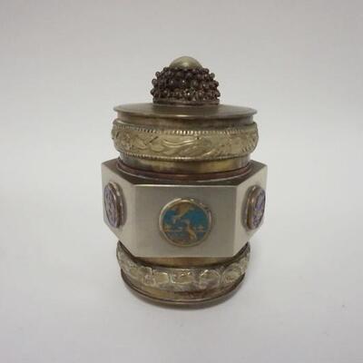 1060	UNUSUAL CHINESE METAL FOOTED COVERED CONTAINER WITH APPLIED MULTI COLORED ENAMELED DESIGNS AROUND EXTERIOR, 4 IN HIGH
