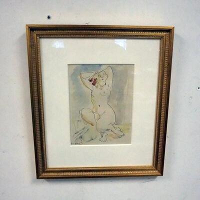 1055	LUDWIG KLIMECK FRAMED WATERCOLOR AND DRAWING OF NUDE WOMEN, SIGNED LOWER LEFT, IMAGE SIZE 7 1/2 IN X 10 IN
