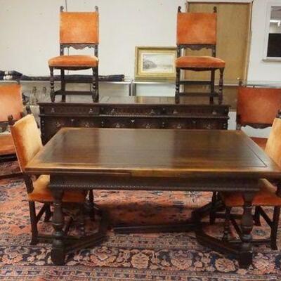 1018	10 PIECE ANTIQUE KITTINGER DINING ROOM SET, 6 CHAIRS-4 SIDE & 2 ARM, SIDEBOARD, SERVER, BLIND CHINA & TABLE
