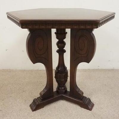1026	WALNUT LAMP TABLE WITH CARVED CENTER COLUMN, HEXAGON SHAPE TOP, 27 1/2 IN X 29 1/2 IN HIGH
