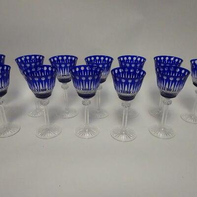 1041	12 COBALT BLUE CUT TO CLEAR KING LOUIS WINE GLASSES, 3 5/8 X 8 HIGH
