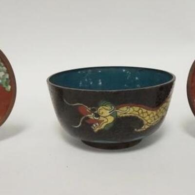 1098	3 PIECE GROUP OF CLOISONNE, BOWL & 2 SMALL PLATES, BOWL IS 4 1/2 IN X 2 1/2 IN, PLATES ARE 3 7/8 IN
