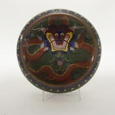 1028	CLOISONNE BOWL WITH DRAGONS, 8 IN X  2 1/2 IN
