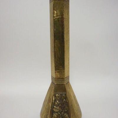 1057	ART NOUVEAU WMF STAMPED BRASS PANELED VASE IN THE SHAPE OF A FLASK, 13 IN HIGH
