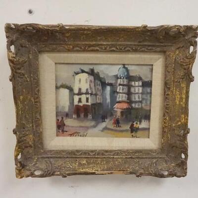 1072	OIL PAINTING ON BOARD SIGNED W/NY GALLERY LABEL ON BACK , STREET SCENE, 9 1/2 IN X 8 IN IMAGE
