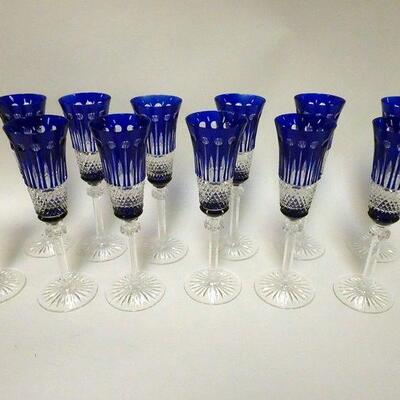 1039	12 COBALT BLUE CUT TO CLEAR KING LOUIS CHAMPAGNE FLUTES, 9 5/8 IN HIGH, 1 WITH SMALL RIM NICK
