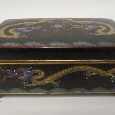 1077	CLOISONNE HINGED BOX W/DRAGON DESIGN ALL AROUND, 7 1/2 IN WIDE X 4 1/4 IN DEEP X 3 1/4 IN HIGH
