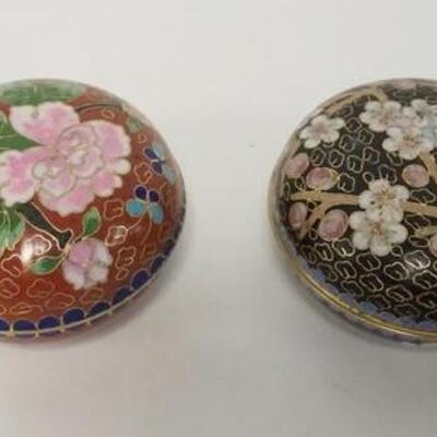 1102	2 ROUND CLOISONNE COVERED BOXES, 2 IN HIGH X 3 1/4 IN
