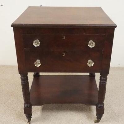 1019	ANTIQUE MAHOGANY 2 DRAWER WORK TABLE W/ACANTHUS CARVED LEGS, 31 IN HIGH X 18 IN DEEP X 22 IN WIDE
