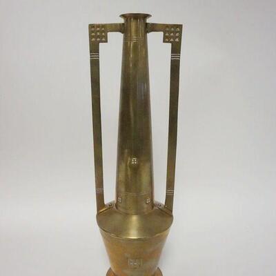 1059	ART NOUVEAU BRASS DOUBLE HANDLED VASE WITH TAPERED NECK AND BASE
