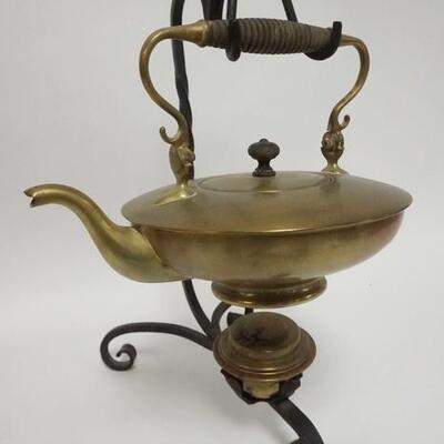 1081	BRASS TEAPOT ON WROUGHT IRON STAND W/WARMER, 14 1/2 IN HIGH
