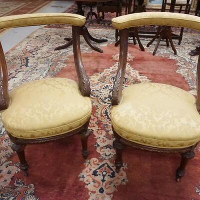 1071	PAIR OF UNUSUAL CURVED BACK VICTORIAN PARLOR CHAIRS, PIECE OF TRIM MISSING ON ONE CHAIR
