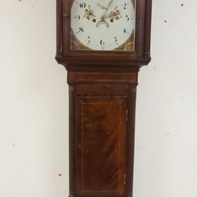 1070	ANTIQUE MAHOGANY GRANDFATHERS CLOCK W/HAND PAINTED DIAL, MISSING REAR LEGS, 86 IN HIGH X 9 IN DEEP X 19 IN WIDE
