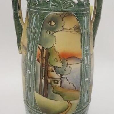 1014	DOUBLE HANDLED POTTERY VASE W/ARTS & CRAFTS STYLE DESIGNS & SCENES, HAIR LINE AT TOP, 12 IN HIGH
