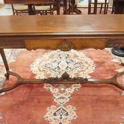 1093	UNUSUAL WALNUT SOFA TABLE W/DRAWER & PULL OUT EXTENSION LEAVES, CARVED SKIRT & MEDALLION INLAID TOP, 30 1/2 IN HIGH X 5 FT LONG X 22...