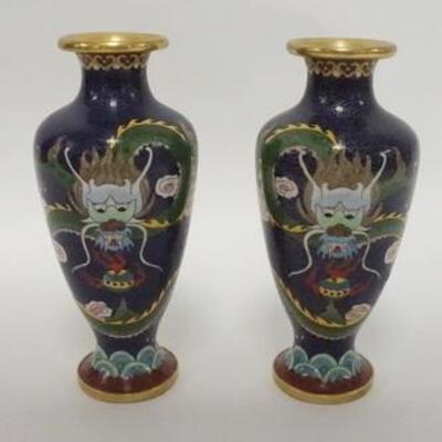 1006	PAIR OF ASIAN CLOISONNE VASES W/DRAGONS, 8 1/2 IN HIGH
