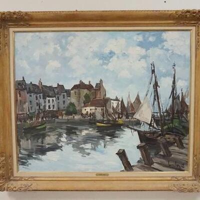 1015	FERNAND HERBO LARGE OIL PAINTING ON CANVAS OF A HARBOR SCENE, 48 IN WIDE X 40 1/2 IN HIGH OVERALL
