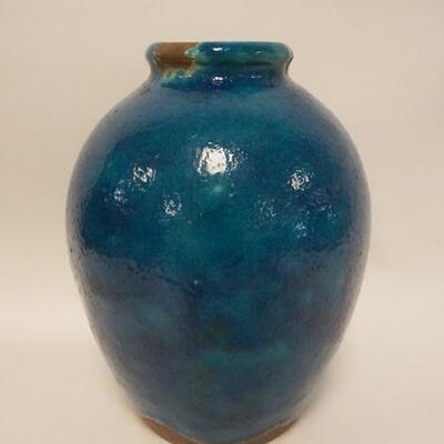 1075	BLUE GLAZED STONEWARE VASE MARKED S.G. GUMP COMPANY MADE IN FRANCE ON BOTTOM, 12 IN HIGH
