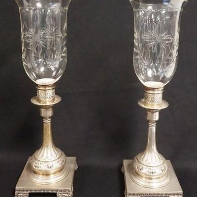 1009	PAIR OF ANTIQUE ENGLISH SILVER PLATE HURRICANE CANDLE STICKS, SHADE W/RIM CHIP, 19 1/2 IN HIGH
