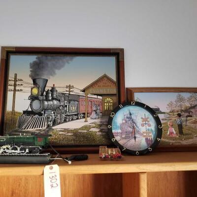 1302	

2 Train Prints, Clock, Train Phone, And Candle Holder.
Prints Are By H. Hargrove And C.Carson. Prints Range In Size From Approx:...
