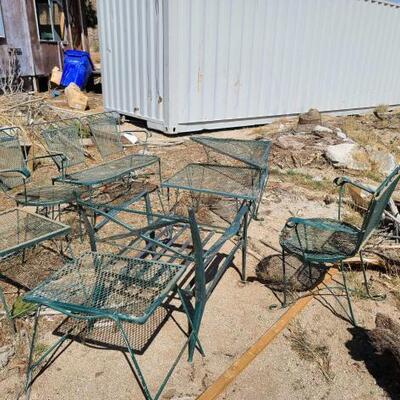 4512	

Metal Patio Furniture
4 Chairs and 3 Tables Chairs are 1 foot and 3 and a half inches high