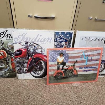 2134	

5 Motorcycle Tin Signs
Brands Include Indian And American Choppers. All Measure Approx: 17