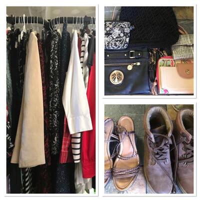 Variety of Women’s clothing ranging in size from 8-14. Several scarves, dresses, tops and jackets. Shoes size 9. Timberland boots! Great...