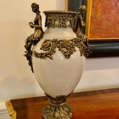 Antique Gilt Brass & Porcelain Urns From French 16” H,  
$850 Each.