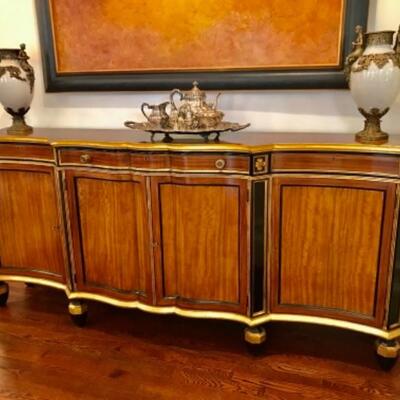 Louis XV Bakers Mahogany Flame Stately Home Collection Sideboard. Rare Regency Rosewood, Giltwood Commode of Serpentine Form. 83â€ W,...