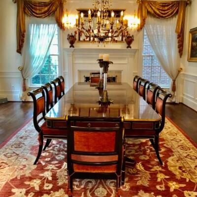 Louis XV Bakers Mahogany Flame Stately Home Collection Dining Room Table & 10 Chairs 118” W, 48” D, 29 1/2” H, Leaf 20” W. Original Price...