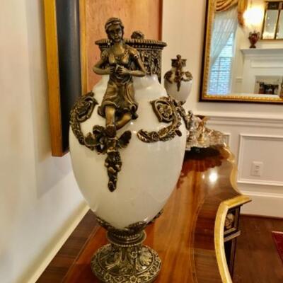 Antique Gilt Brass & Porcelain Urns From French 16” H,  

