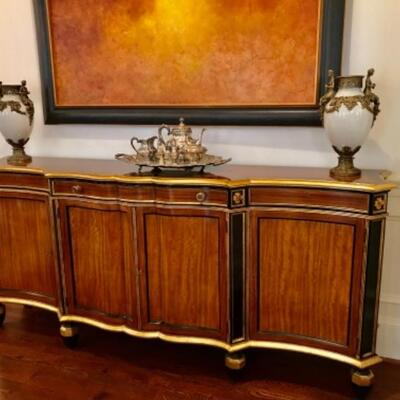 Louis XV Bakers Mahogany Flame Stately Home Collection Sideboard. Rare Regency Rosewood, Giltwood Commode of Serpentine Form. 83” W, 17”...