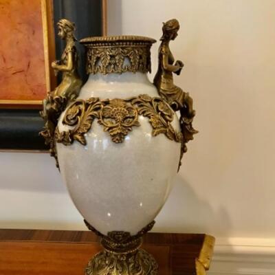Antique Gilt Brass & Porcelain Urns From French 16â€ H,  
