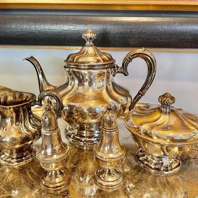 Sterling Silver Tea Set, tray is plated. $1,200 ( Firm Price) 
