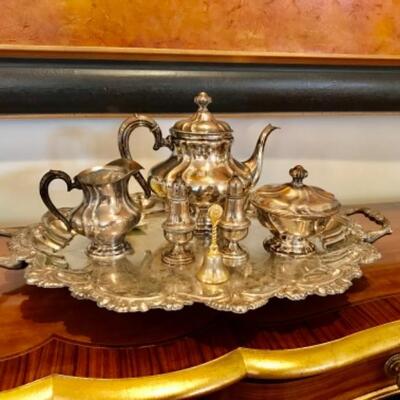 Sterling Silver Tea Set, tray is plated. $1,200 ( Firm Price) 
