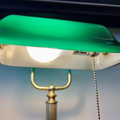Vintage Bankers Bass Desk Lamp Green Glass Shade Hexagon Base 14