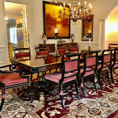 Louis XV Bakers Mahogany Flame Stately Home Collection Dining Room Table & 10 Chairs 118â€ W, 48â€ D, 29 1/2â€ H, Leaf 20â€ W....