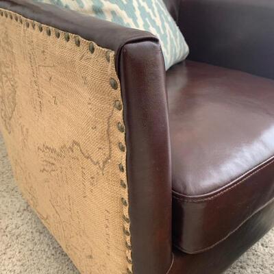 Map printed burlap and bonded leather chair and storage ottoman. Chair measures 29